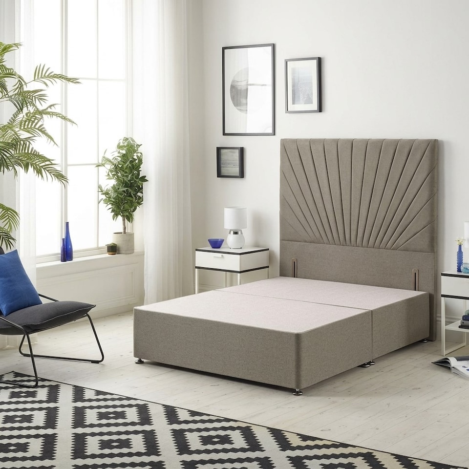 image 1 of Sunburst Divan Bed with 54'' Floor Standing Headboard Tweed Fabric | Brown | Coffee