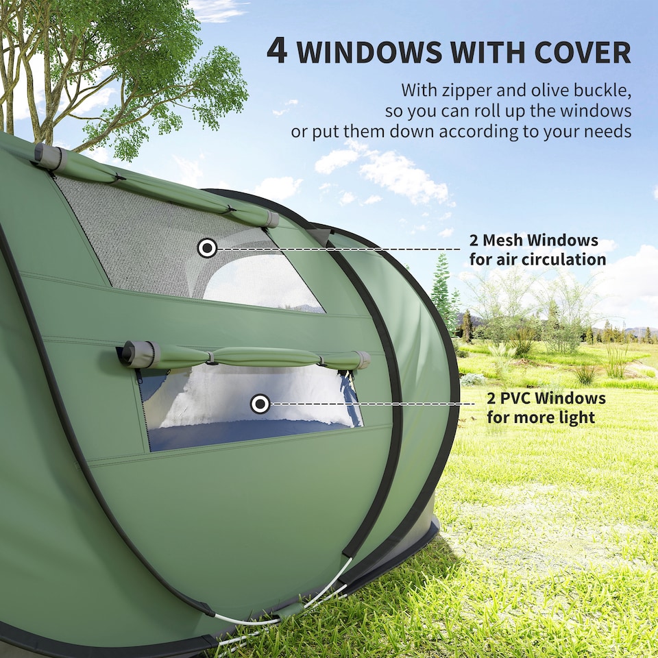 image 1 of Outsunny Camping Tent Dome Pop-up Tent  with Windows for 4-5 Person Dark Green