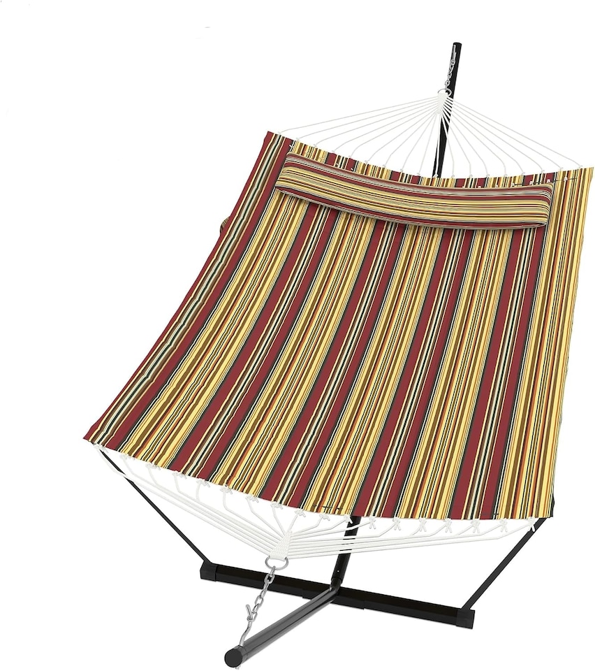 image 1 of London Boutique 12FT Double Hammock with Stand, Garden Hammock with Pillow and Balance Ropes, Red and Yellow
