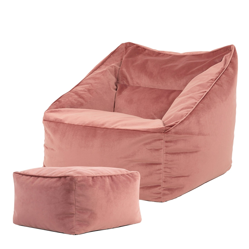 image 1 of icon Natalia Velvet Adults Bean Bag Armchair and Pouffe, Ready Filled Large Beanbag and Footstool Dusk Pink Pink