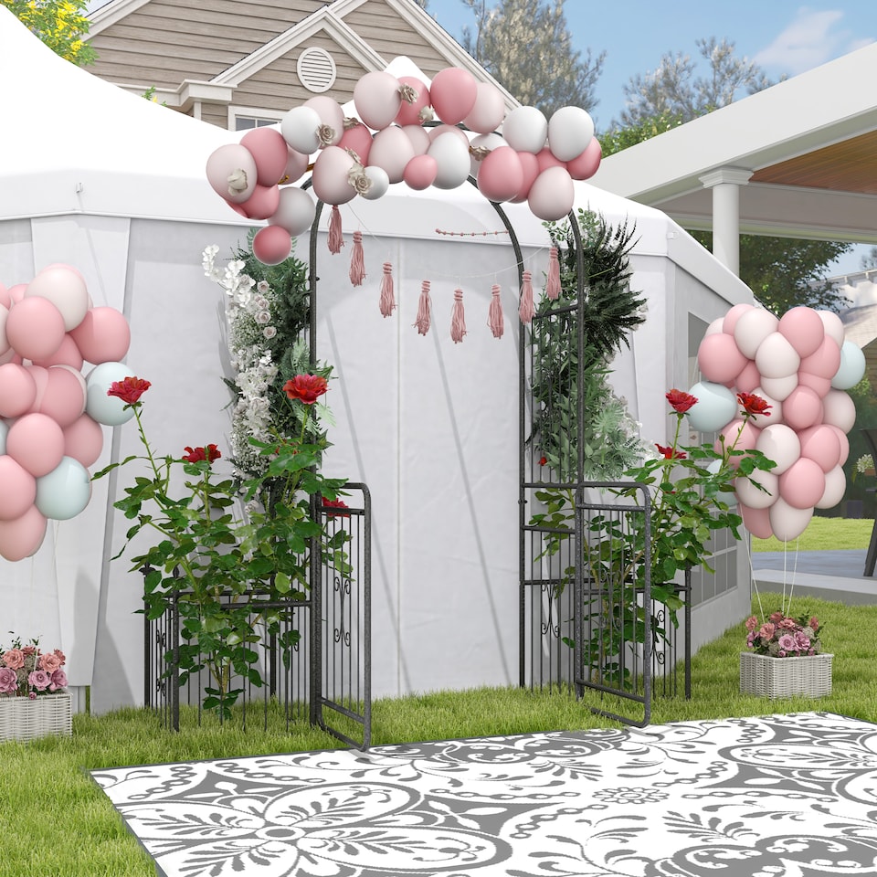 image 1 of Outsunny Metal Garden Arbor Arch Gate w/ 2 Side Planter Boxes & Vine Frame | Black