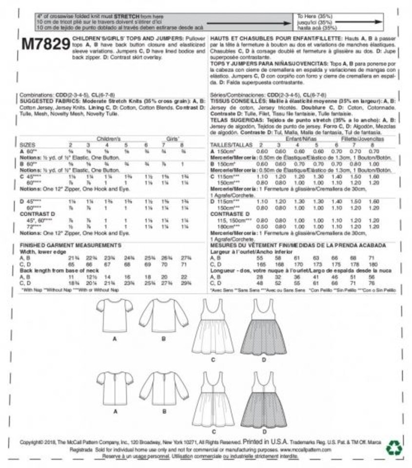 image 1 of McCall's 7829 Paper Sewing Pattern – Children’s Tops, Dresses & Pinafores, UK Sizes Cl (6–7–8), Easy