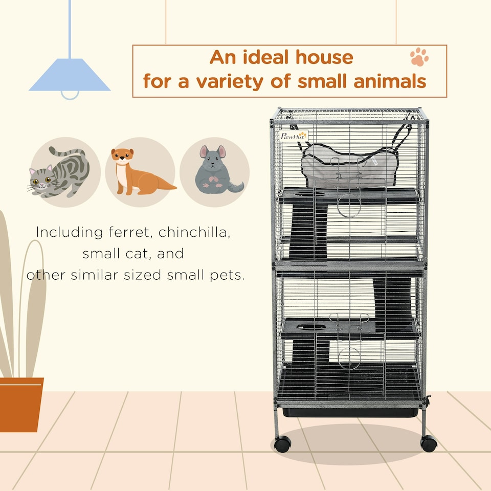 image 1 of PawHut Rolling Small Animal Cage for Chinchillas Ferrets Kittens W/ Ramp Silver