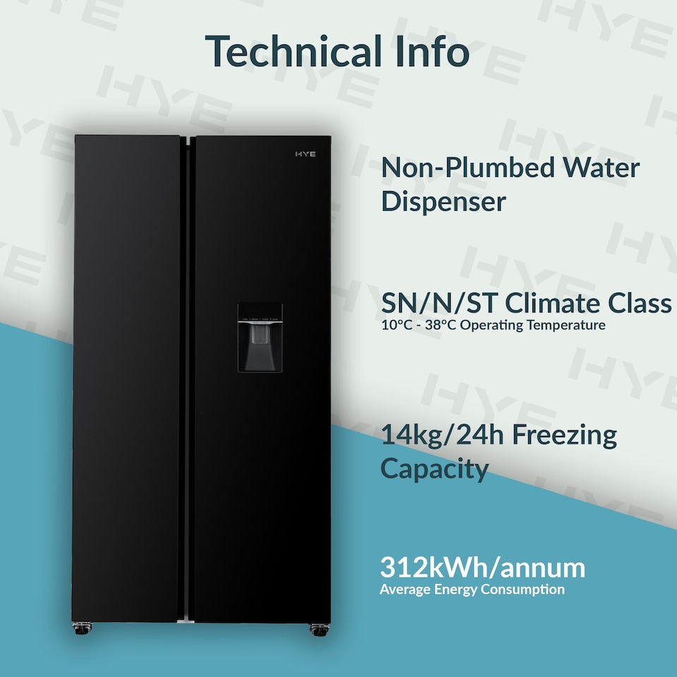 image 1 of HYE 529 Litre No Frost American Fridge Freezer with Non-Plumbed Water Dispenser, 91cm, Black - RF01AMWD532B01