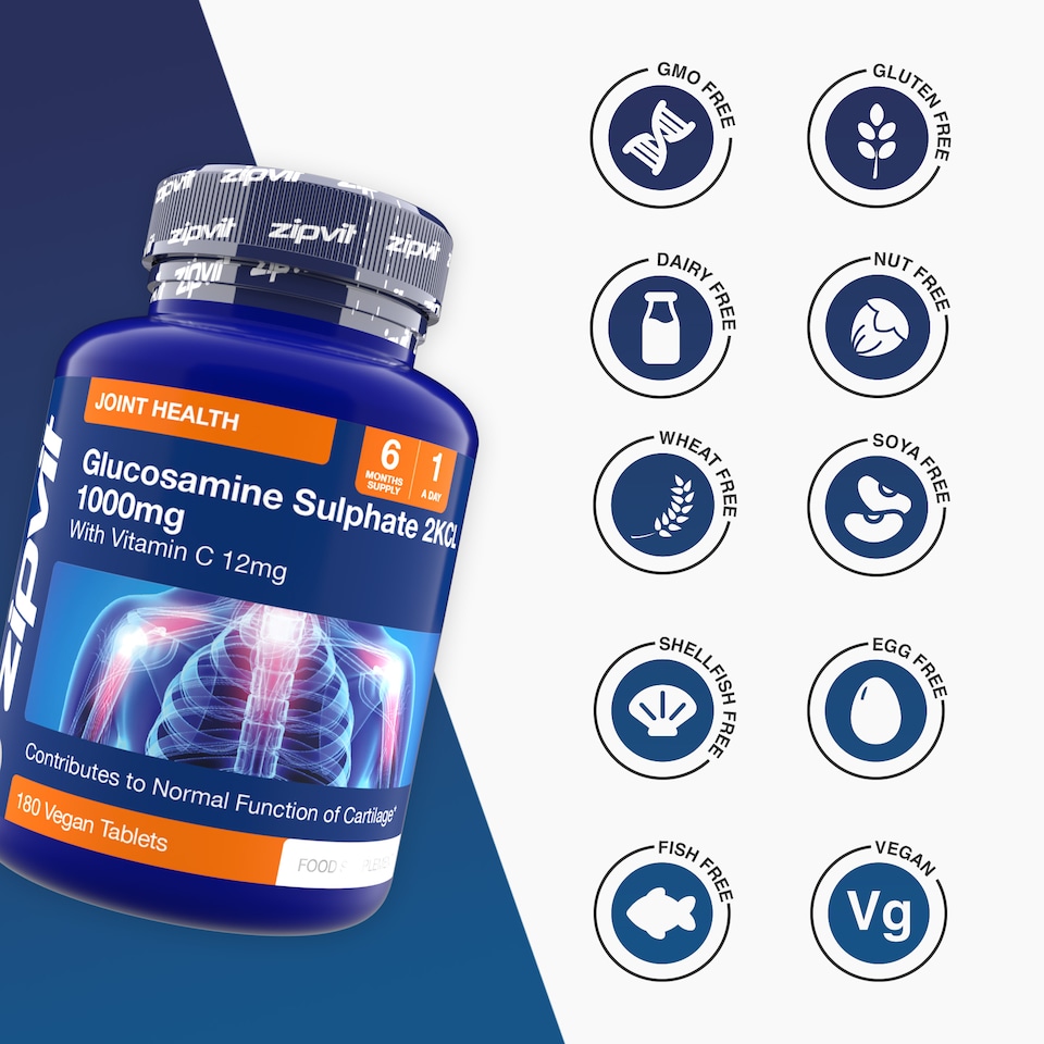 image 1 of Zipvit Glucosamine Sulphate 1000mg, Joint, Cartilage & Bone Support with Vitamin C, 180 Vegan Tablets, 6-Month Supply