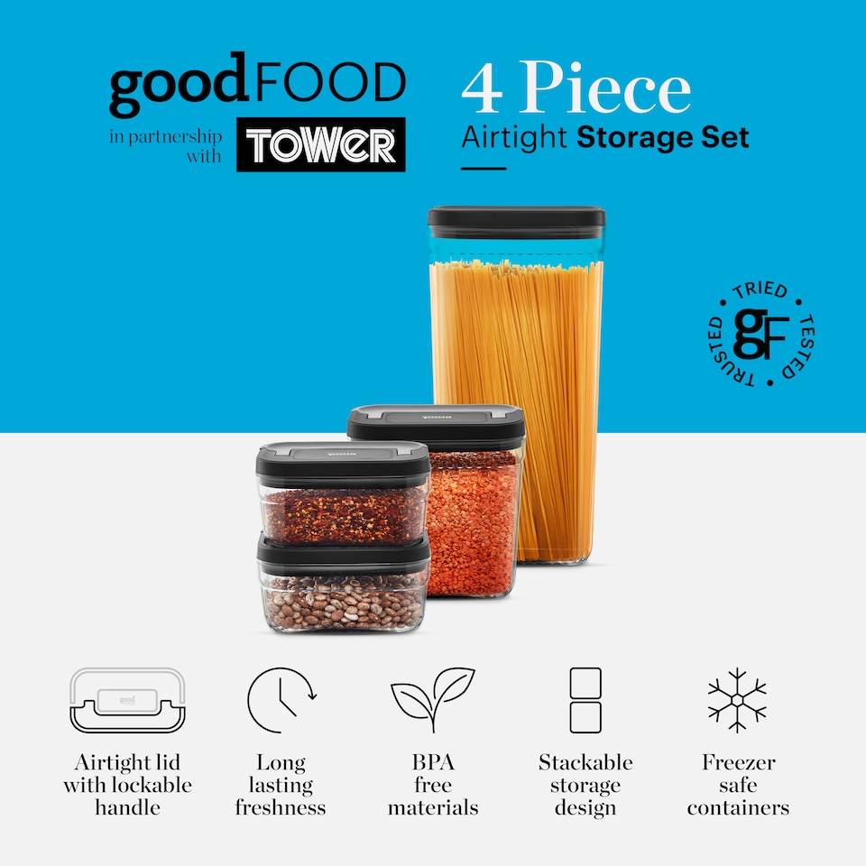 image 1 of GF847080 Good Food in partnership with Tower 4 Piece Food Storage Set, Stackable Design, 1x Large, 1x Medium, 2 x Small, Transparent