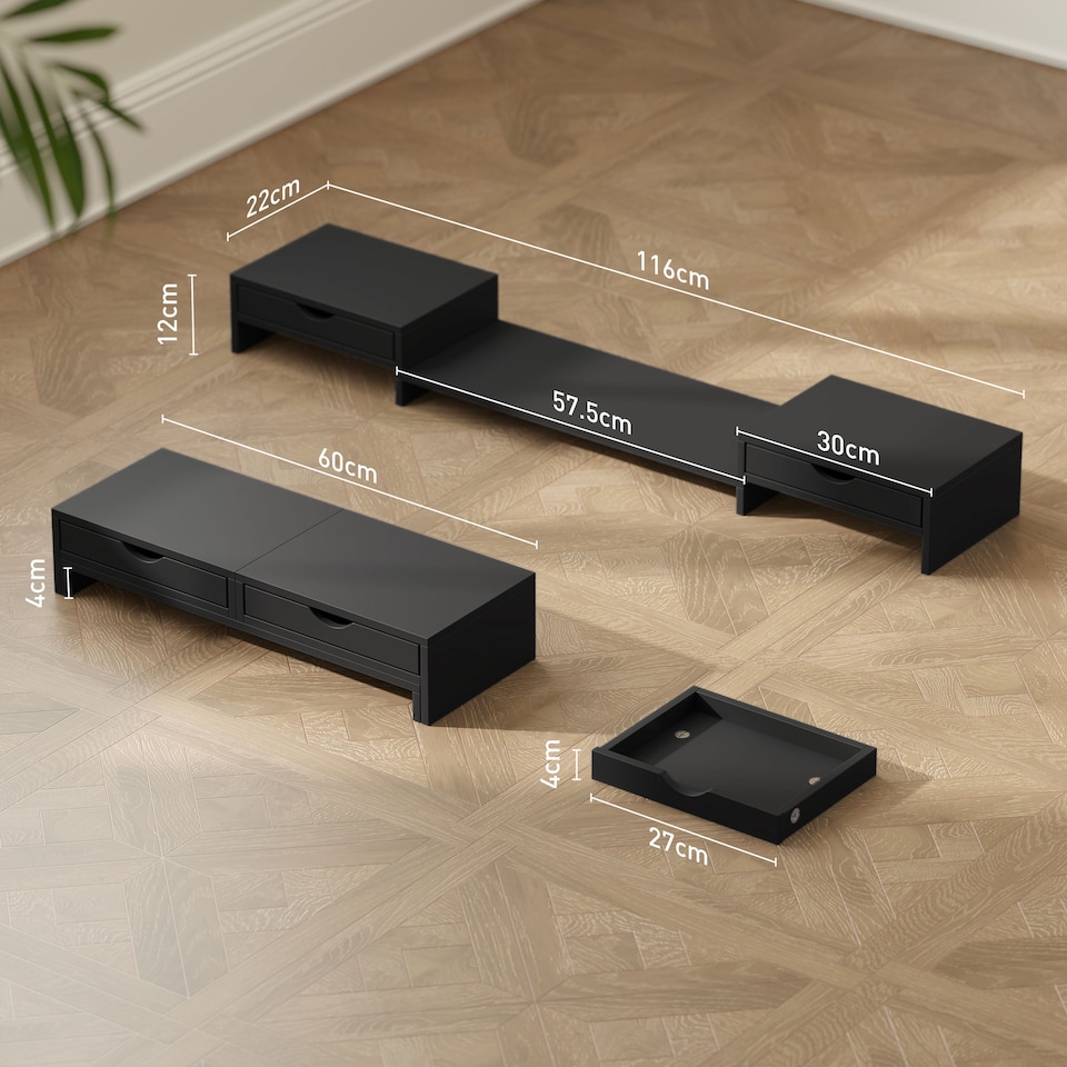 image 1 of HOMCOM Dual Monitor Stand Riser with 2 Drawers, Adjustable Length and Angle, 116cm Monitor Riser for Laptop, Computer, PC, Small Printer, Black