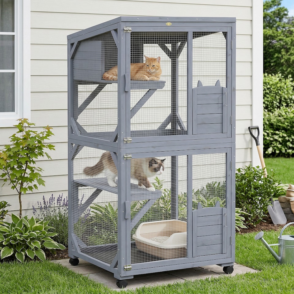 image 1 of PawHut Outdoor Catio, Wooden Cat House on Exercise Wheels Indoor Outdoor