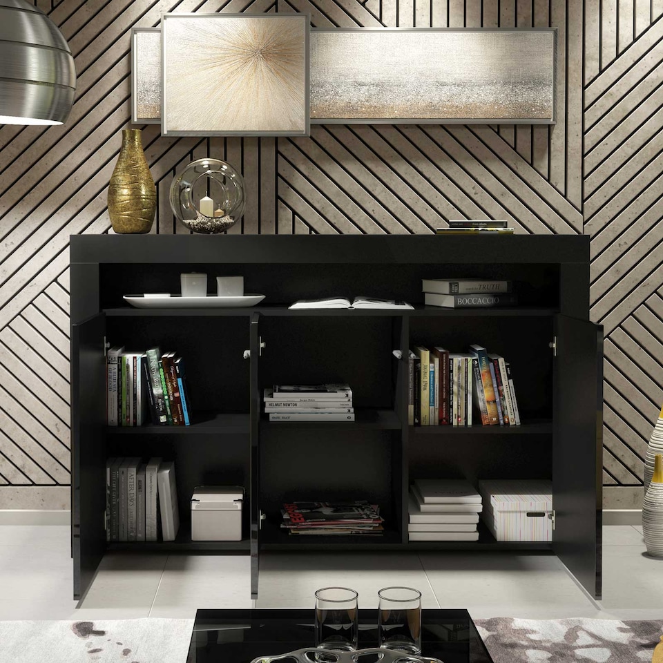 image 1 of TV Unit TV Stand Sideboard Storage Cabinet Cupboard Black High Gloss 155cm