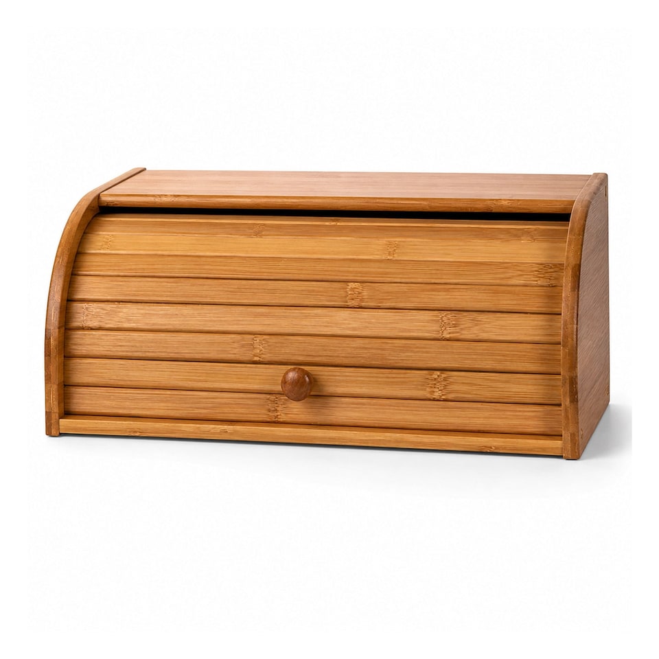 image 1 of Single Layer Roll Top Bamboo Wooden Bread Bin Kitchen Storage | Brown