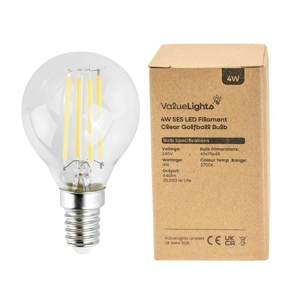 image 1 of ValueLights Pack of 4 Retro Style 4w LED Filament SES E14 Clear Golfball Light Bulbs 2700K Warm White