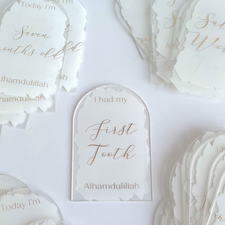 image 1 of Muslim Baby Milestone Acrylic Plaques - White & Gold