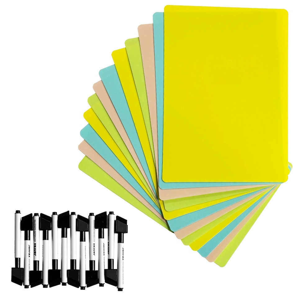 image 1 of Pack of 12 A4 Assorted Coloured Whiteboards with 12 White Board Marker Pens