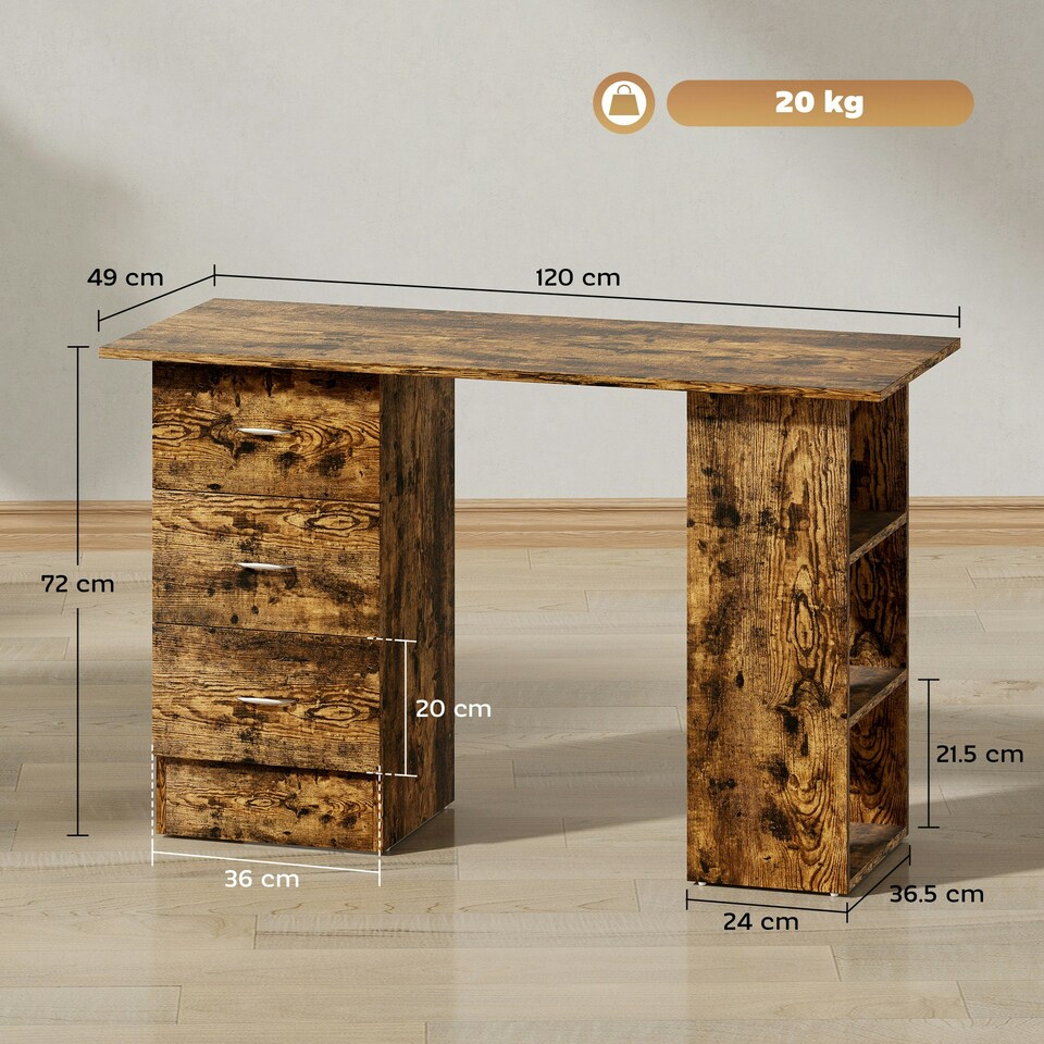 image 1 of HOMCOM 120cm Computer Desk, Study Table with 3 Shelf & Drawers, Rustic Brown | Brown | Rustic | 120W x 49D x 72H cm