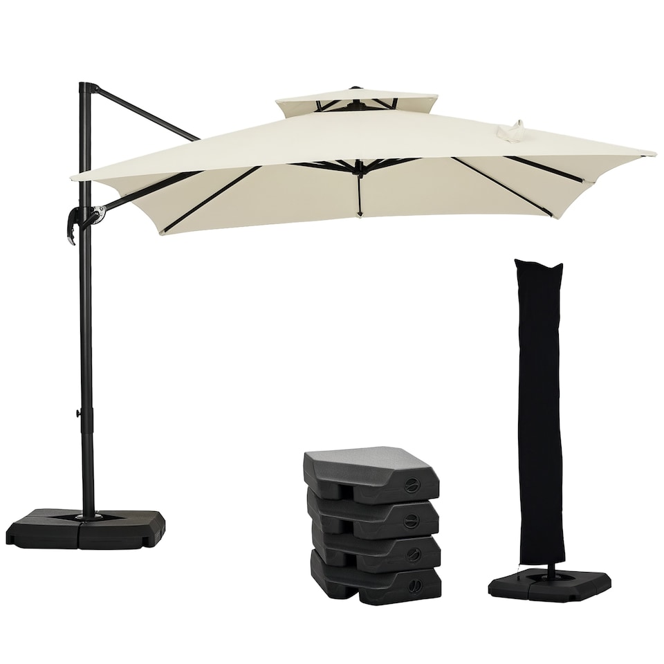image 1 of Outsunny 360 Degree Cantilever Parasol Roma Umbrella with Base Weight, Beige | White | Beige