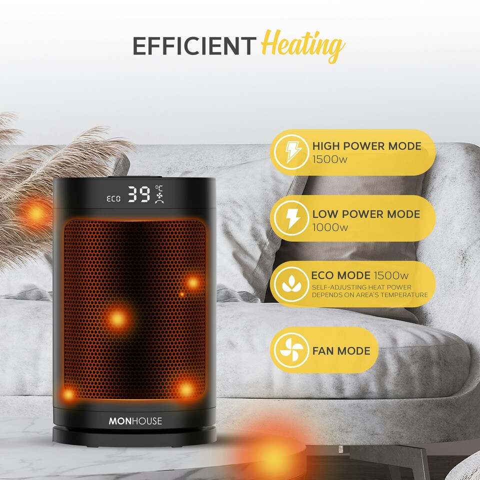 image 1 of MONHOUSE Electric Heater - Energy Efficient PTC Ceramic, Silent Portable Heater with LED Display, Remote Control, Overheat Protection, Smart Thermostat