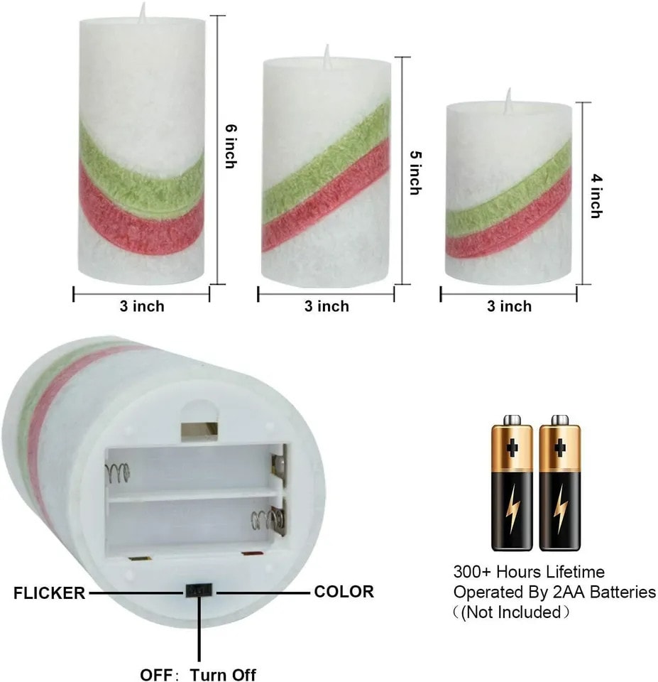image 1 of 3-Pcs LED Flameless Battery Candles - Colorful Christmas Lamps