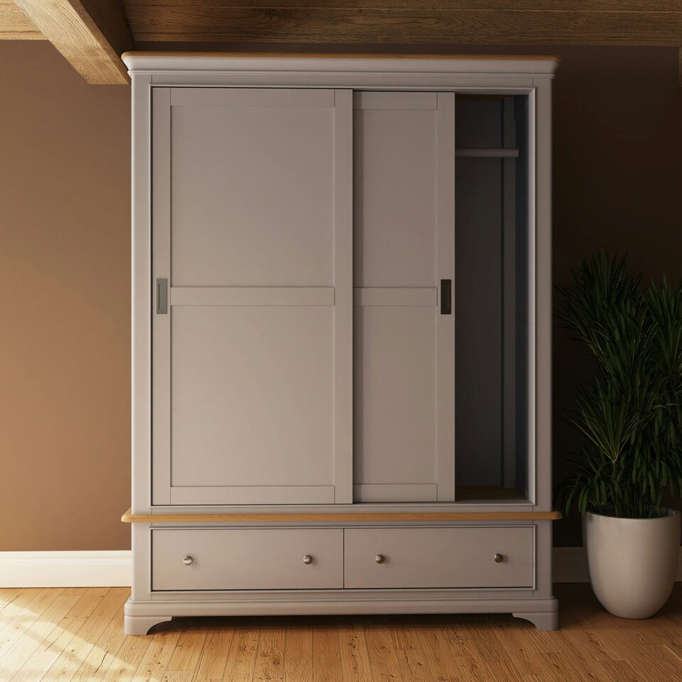 image 1 of Faire 150cm Sliding Combination Wardrobe in Dove Grey with Oak Top Grey