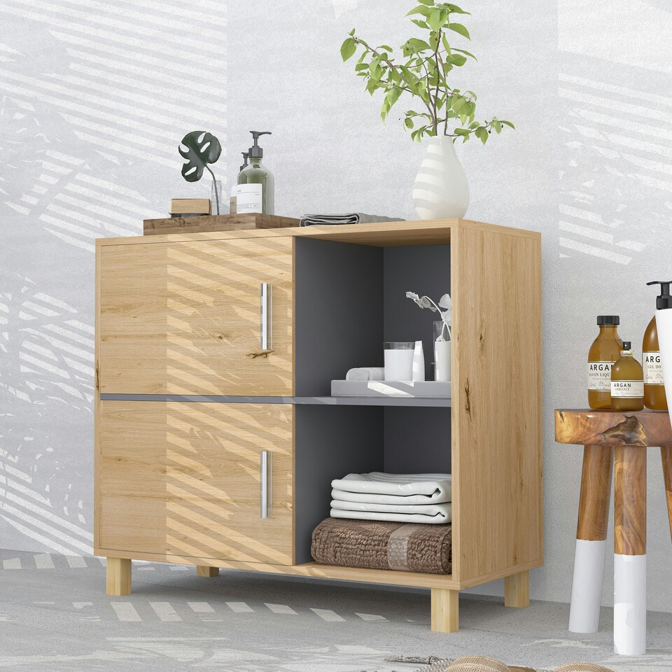 image 1 of HOMCOM Bathroom Storage Cabinet with Open Compartments and Double Doors Yellow