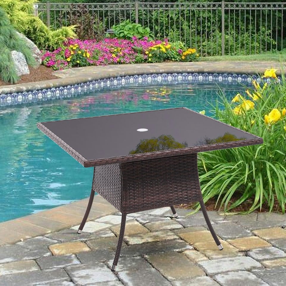 image 1 of Living and Home Square Wicker Tempered Glass Table with Parasol Hole - Brown Brown
