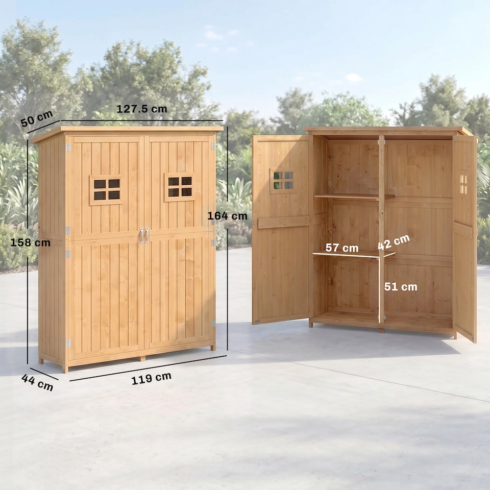 image 1 of Outsunny Wooden Garden Shed Tool Storage Cabinet Double Door Shelf Natural Wood | White