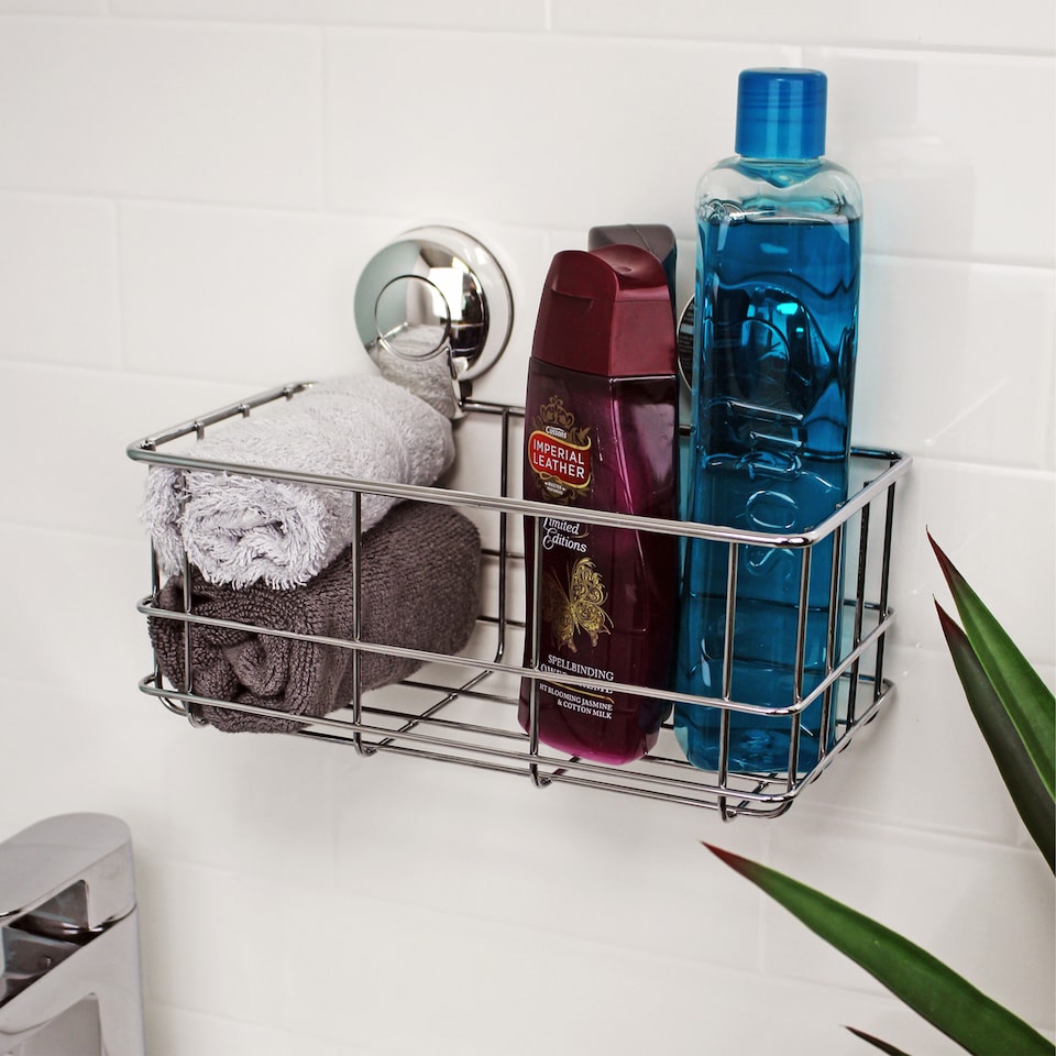 image 1 of Showerdrape Suctionloc Chrome Suction Wall Mounted Bottle Basket with Mounting Discs | Multi | 1