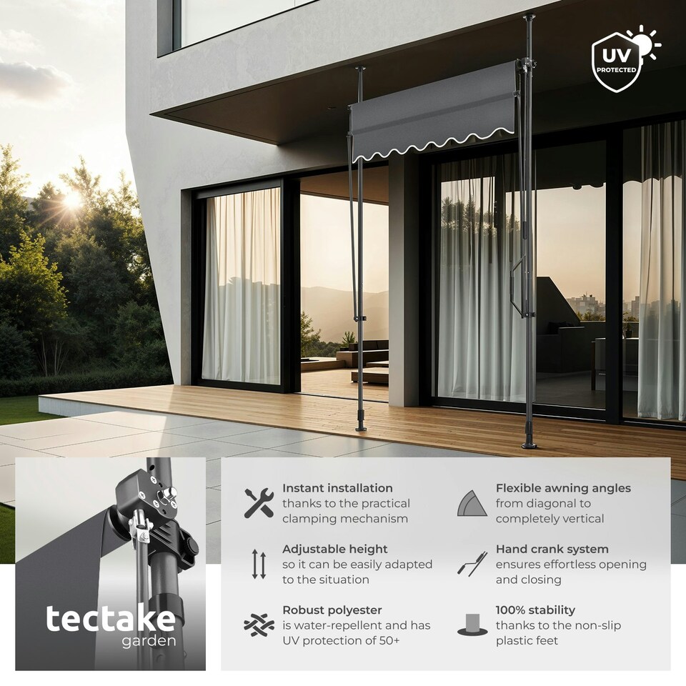 image 1 of Awning with hand crank - pressure fitted , height adjustable Black | Grey | 180 x 150 cm