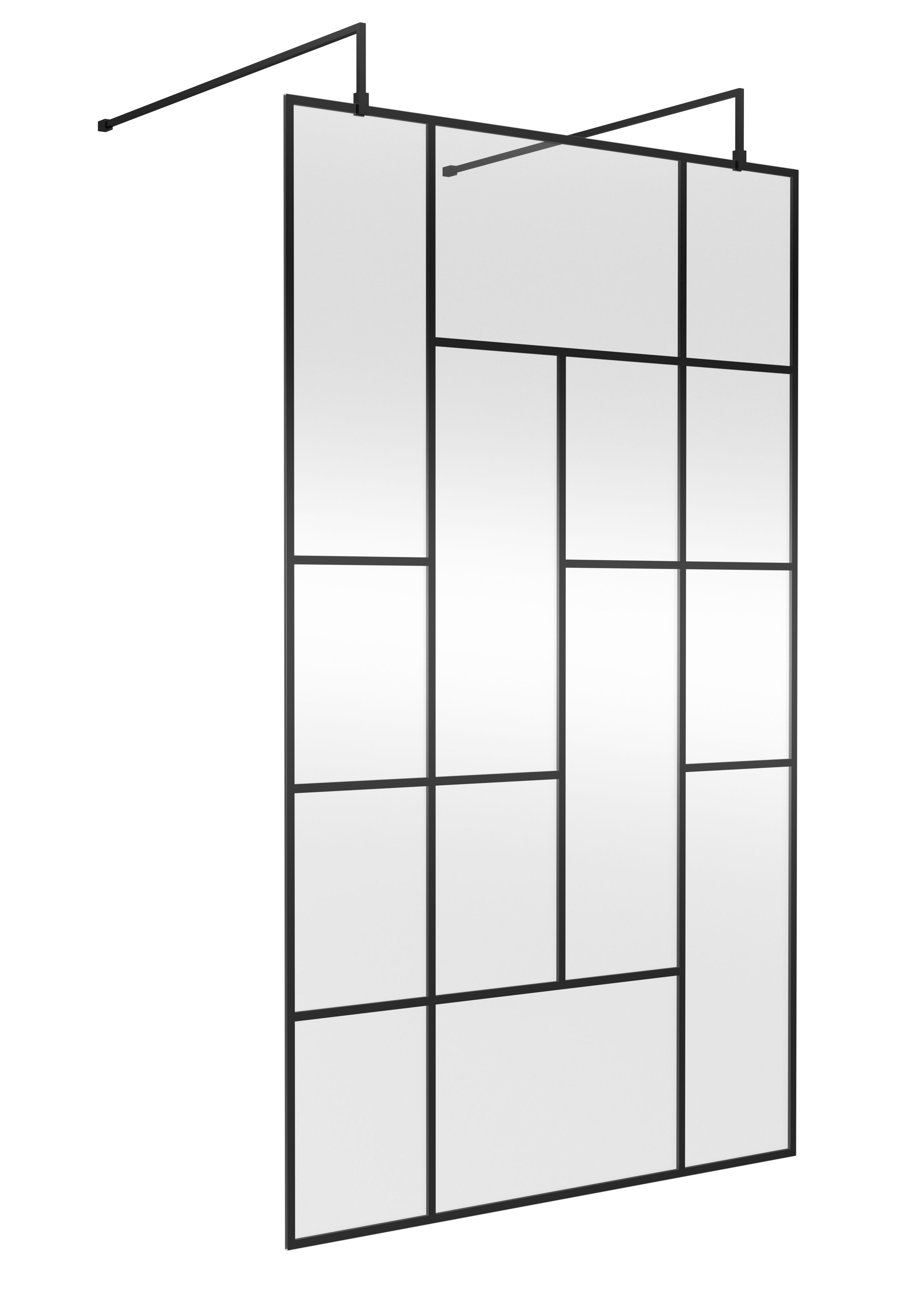 Balterley Rolleston Contemporary Bathroom Abstract Frame Design 8mm Glass Wetroom Screen with Arms and Feet, 1950 x 1250 x 60mm, Matt Black