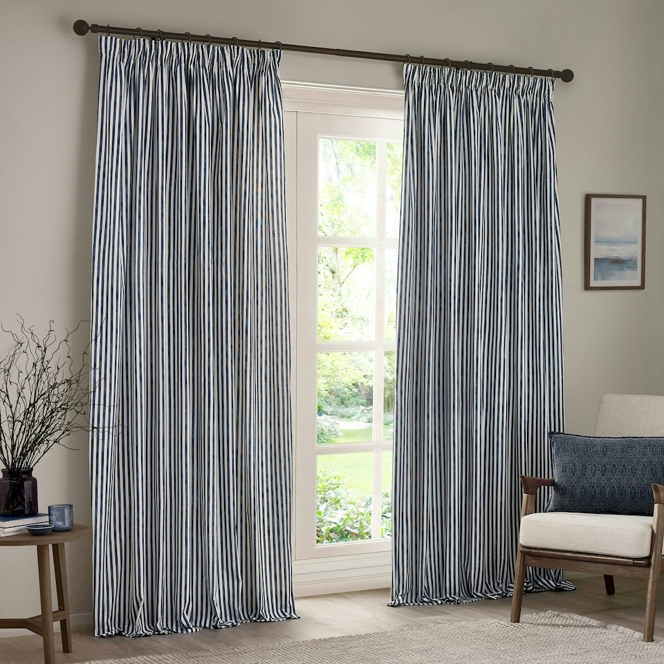 image 1 of Yard Hebden Striped Cotton Navy Pencil Pleat Curtains 117 x 183cm