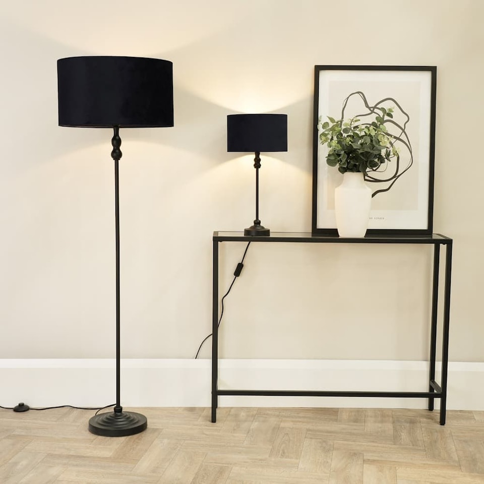 image 1 of ValueLights Maggie Black Candlestick Floor Lamp Black Velvet Shade | Black