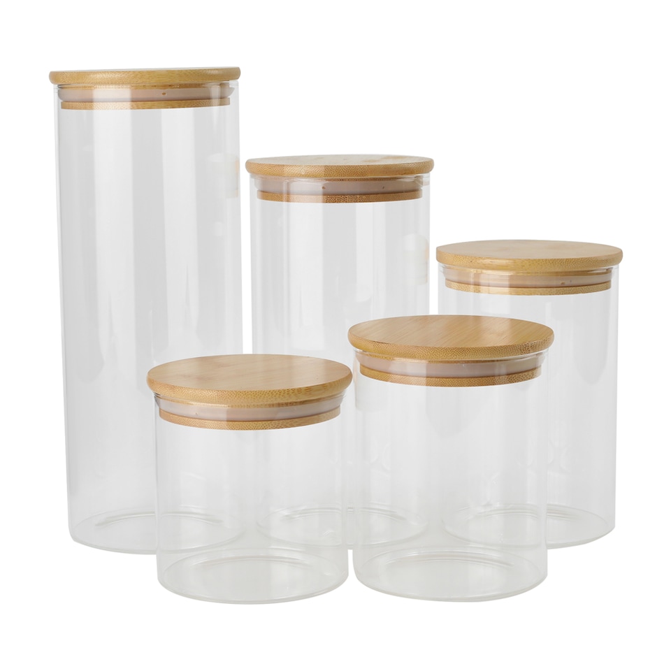 image 1 of Living and Home 5Pcs Glass Jars Storage Container With Bamboo Lid | Brown