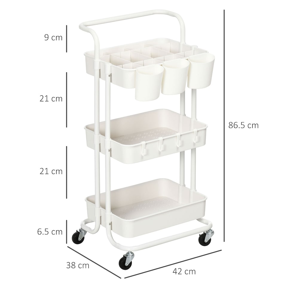 image 1 of HOMCOM 3 Tier Utility Rolling Cart, Kitchen Cart with 3 Removable Mesh Baskets, 3 Hanging Box, 4 Hooks and Dividers for Living Room, Laundry, Garage, White