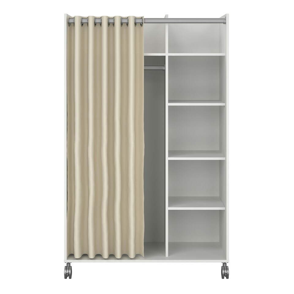 image 1 of Uppsala Open Mobile Wardrobe Unit in White with a Beige Textile Curtain on Wheels