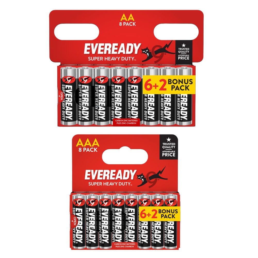 8x Eveready Super Heavy Duty AA & 8x AAA Zinc Batteries - 16x