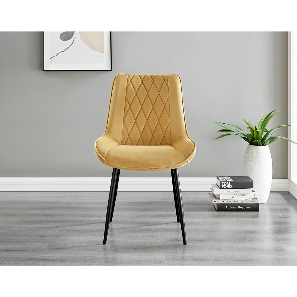 image 1 of Furniturebox 2x Pesaro Mustard Velvet Black Leg Luxury Dining Chairs