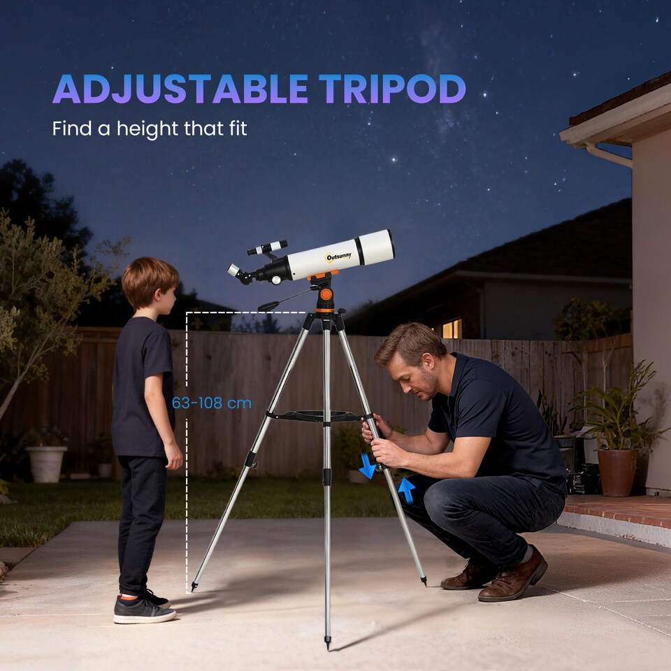 image 1 of Outsunny Astronomy Telescope for Adults and Beginners, 80 mm Aperture Portable Refractor Telescope with 40X/16X Magnification, Adjustable Tripod, Alt-Azimuth Mount, Carry Bag for Travel, White