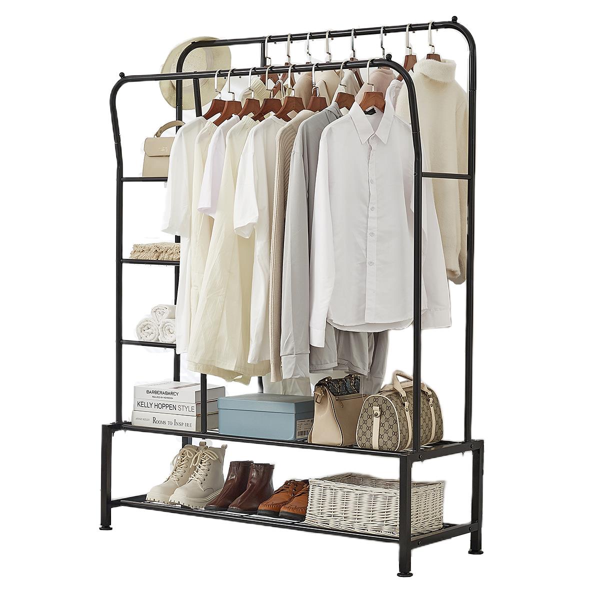 House of Home Black Metal Clothes Rail with Double Hanging & Storage Shelves