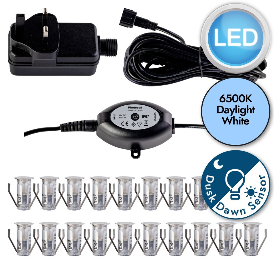 image 1 of Set of 20 - 15mm IP67 Cool White LED Decking Kit with Photocell | Chrome | Clear | 20