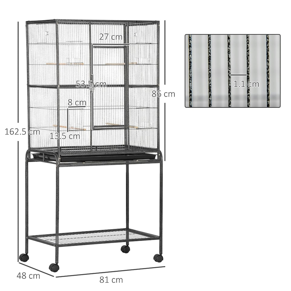 image 1 of PawHut Rolling Bird Cage w/ Detachable stand Storage Shelf  Wood Perch Food Cup