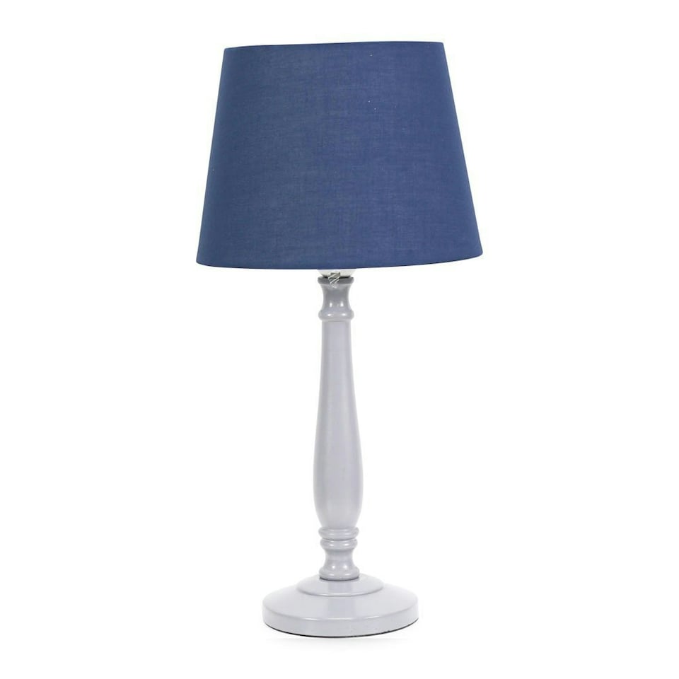 image 1 of ValueLights Victoria Grey Wood Traditional Stem Table Lamp with Navy Blue Tapered Drum Shade and LED Bulb