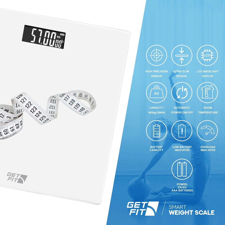 image 1 of Get Fit Bathroom Scales - Monitor Weight Loss - Digital Weighing Scale with High Precision Strain Gauge Sensor, LCD Display & Automatic On/Off - White
