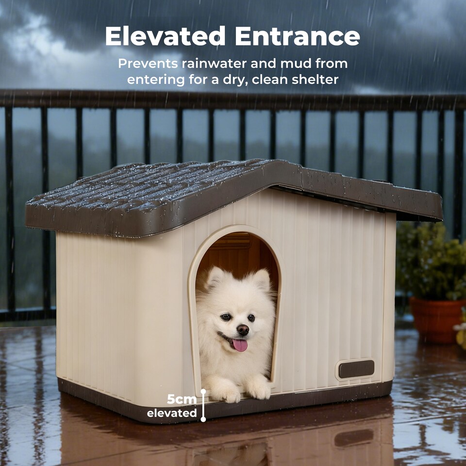 image 1 of Skylos Plastic Dog House Pet Kennel Shelter for Small Medium Dogs Indoor Outdoor | Brown | S