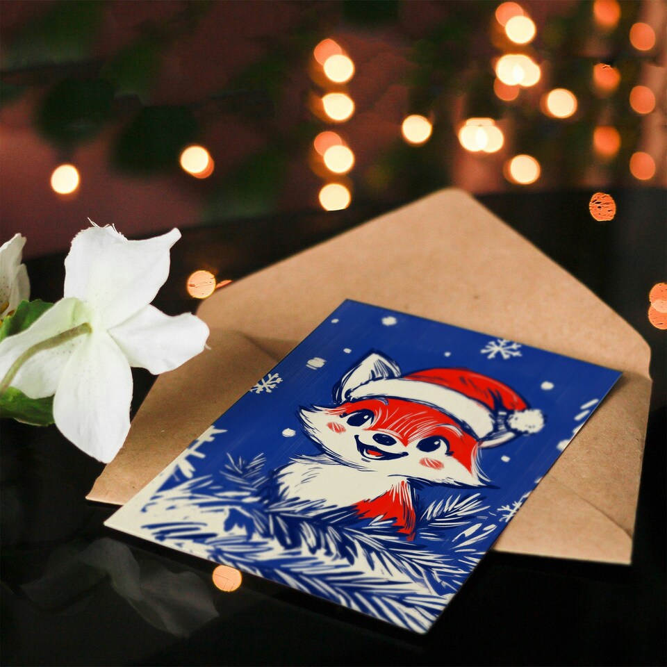 image 1 of Cute Baby Fox With Santa Hat Cartoon For Child Kids Xmas Festive Christmas Card