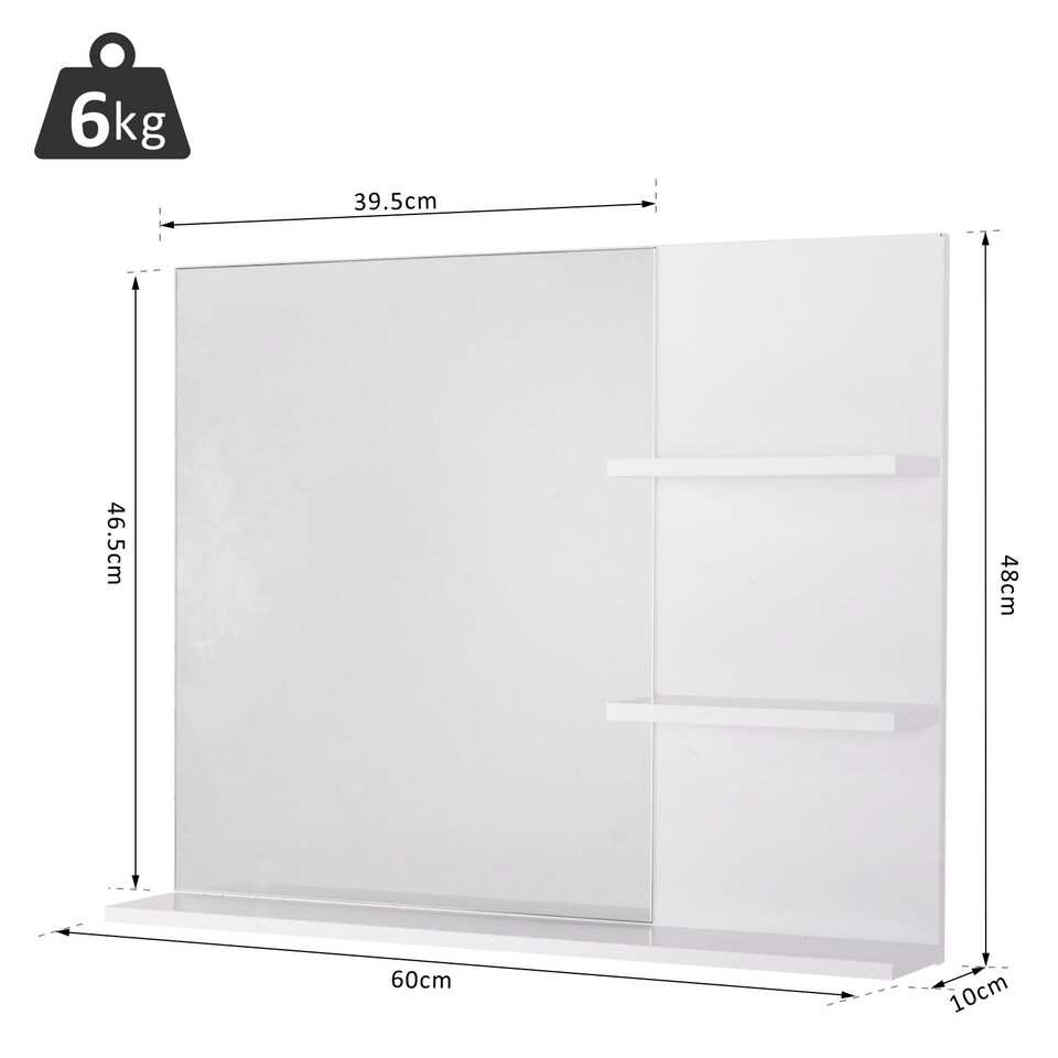 image 1 of kleankin Bathroom Mirror Wall Mount Vanity Mirror with 3 Storage Shelves, White