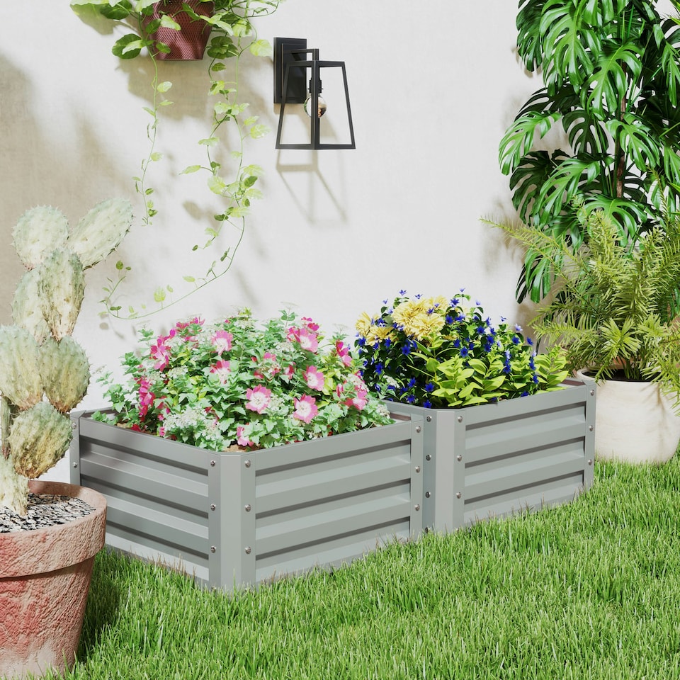 image 1 of Outsunny Set of 2 Raised Garden Bed Galvanised Planter Box, Light Grey