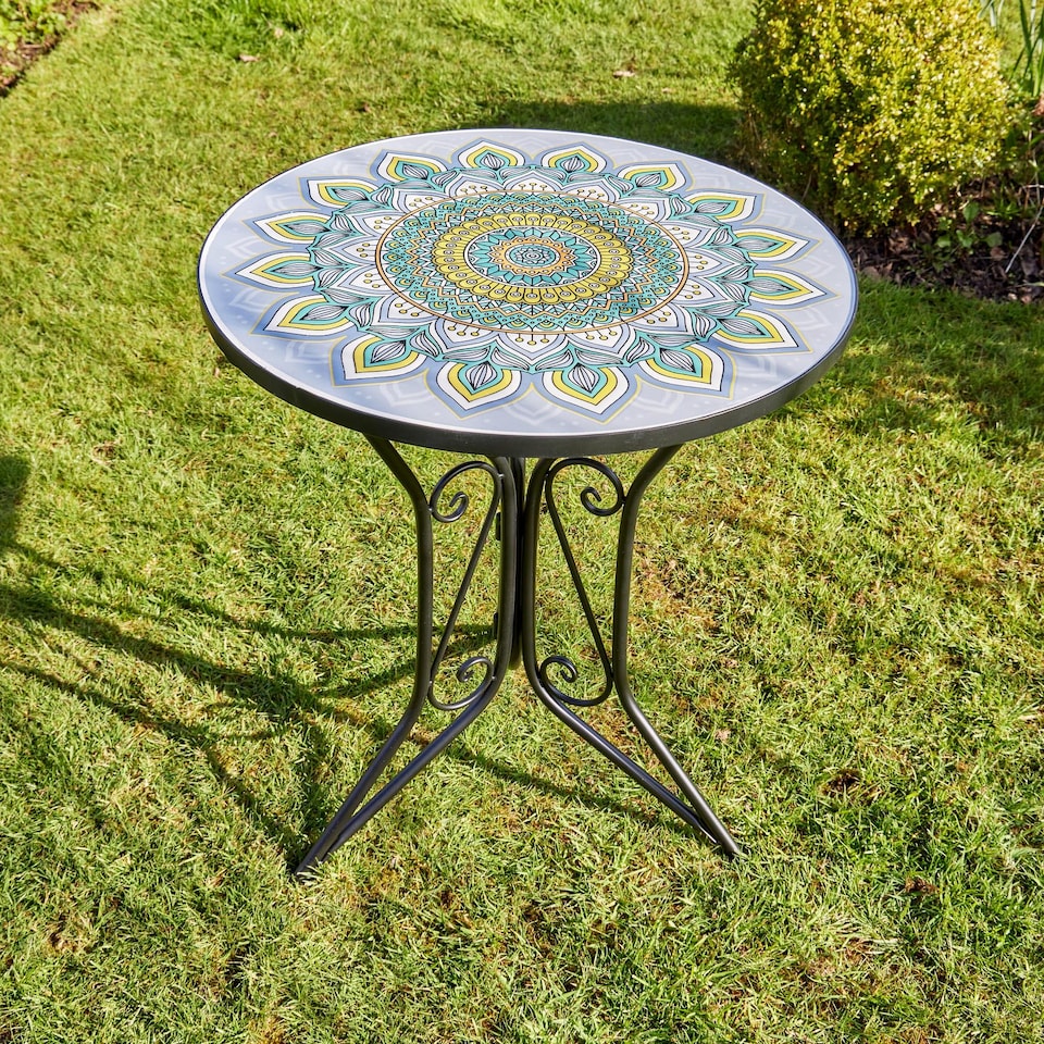 image 1 of Bistro Table Set Blue Floral Mosaic Design 2 Chairs Outdoor Garden Furniture