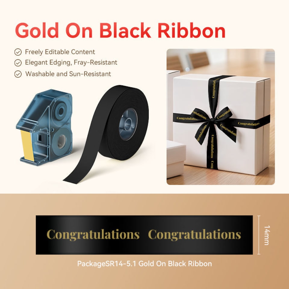 image 1 of NIIMBOT N1 Printable Satin Gift Ribbon 14mm x 5.1m Gold on Black