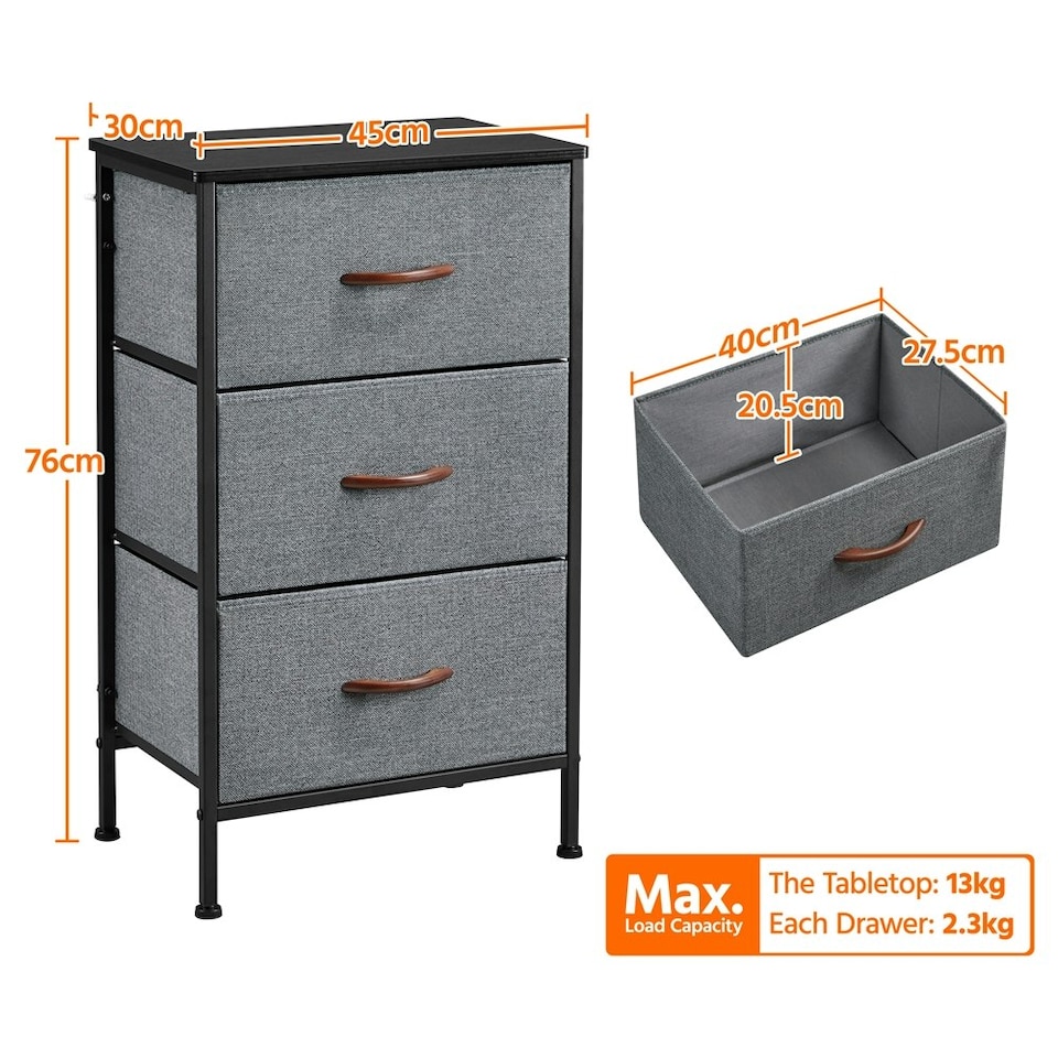 image 1 of Yaheetech Lightweight Fabric Storage Tower with 3 Drawers Grey | Dark Grey