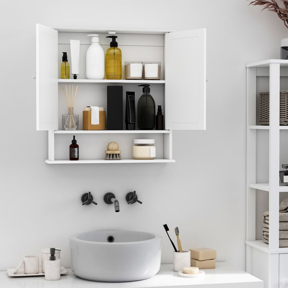 image 1 of kleankin Wall-mounted Bathroom Cabinet Mirror Door Organiser Storage Shelves Living Room White