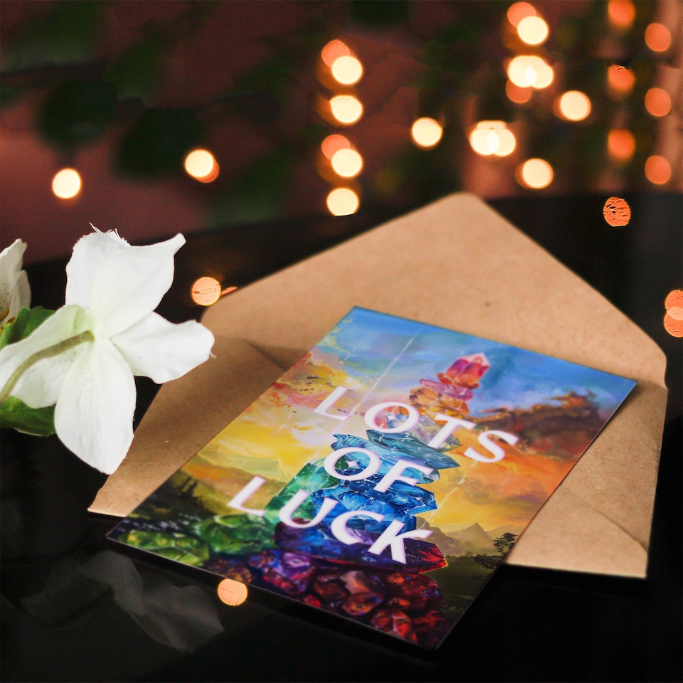 image 1 of Seven Chakra Cystal Sunset Sky Mountain Landscape Good Luck Card